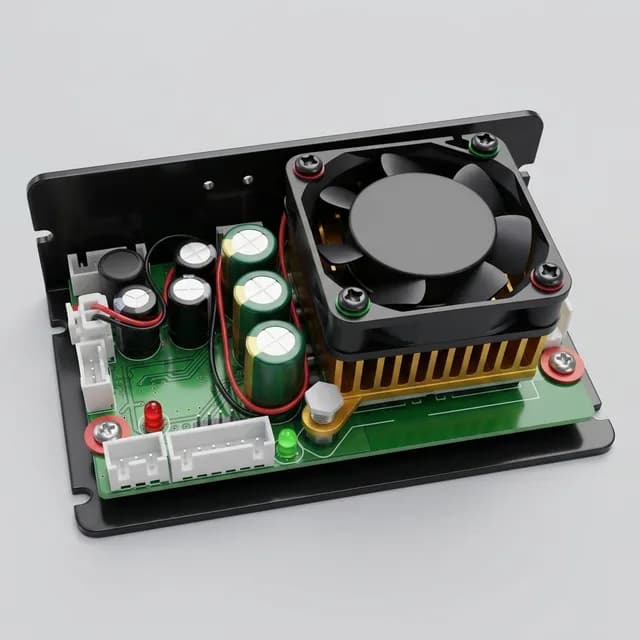 Board-level GaN servo drive with exposed PCB, power capacitors, heatsink fan, and motor connectors for compact robotics integration
